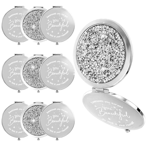 CIATBYYJ 10Pcs Small Rhinestone Compact Mirror, 1x/2x Magnifying Double Sided Pocket Mirror 2.75 Inch Metal Rhinestone Compact Mirrors Bulk, Inspirational Appreciation Gifts for Women Girls Silver