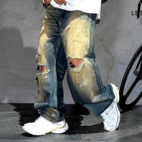 Men’S Vintage Hip Hop Straight Fit Ripped Baggy Distressed Denim Trousers Button Fly Fashion Streetwear Pants2