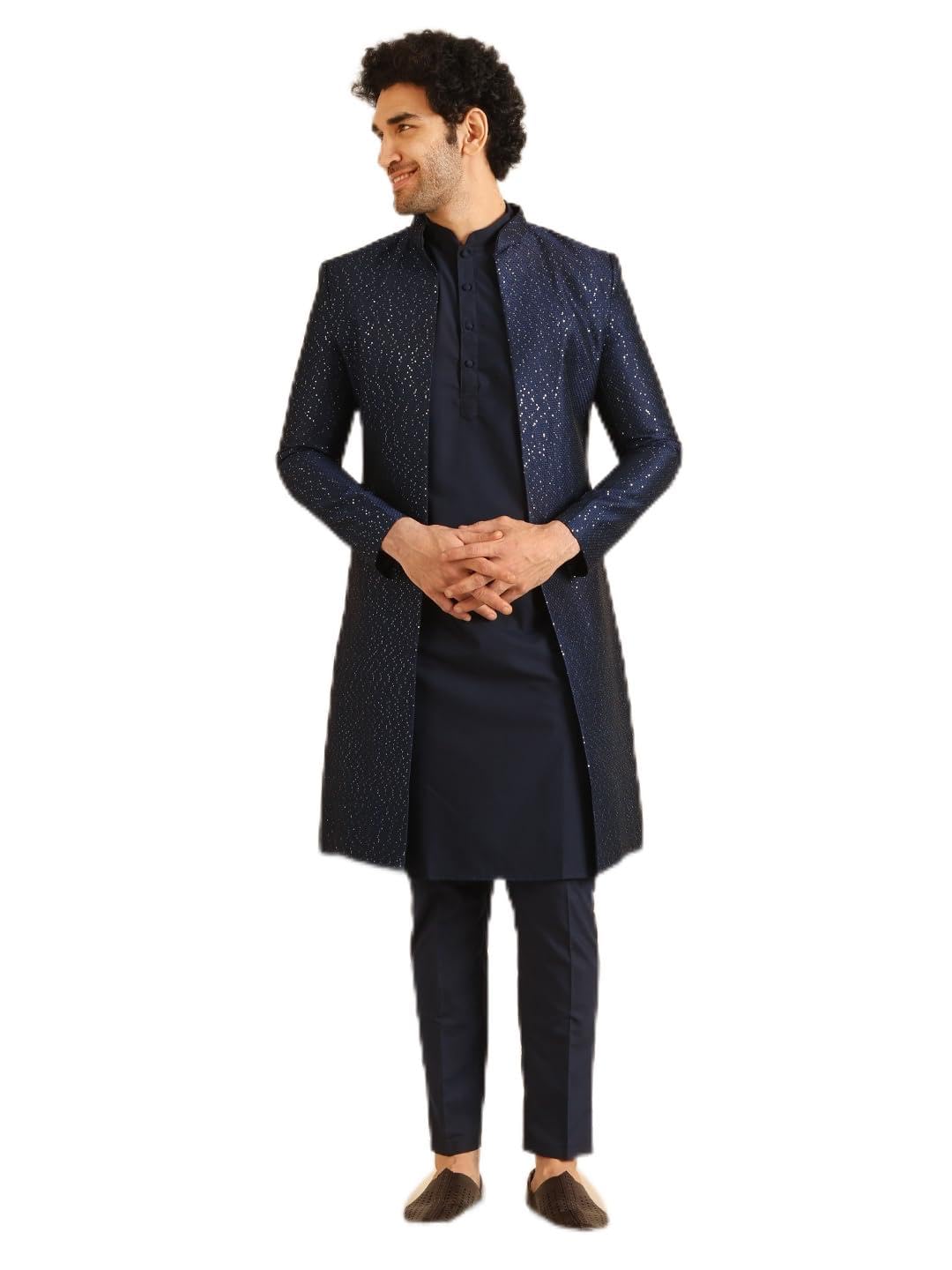 kisah Men’s Textured Sherwani with Trouser Set – Silk Blend Ethnic Suit – Traditional Outfit for Wedding & Party – Dry Clean Only-picture-10