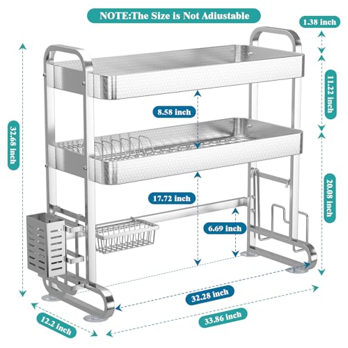 Image of HOWDIA 3-Tier Over The Sink Dish Drying Rack, 304 Stainless Steel Dish Rack with Honeycomb Design, Cutlery Holder & Chopping Board Rack, 33.86 inch x 11.81 inch x 33.07 inch for Maximum Kitchen Storage