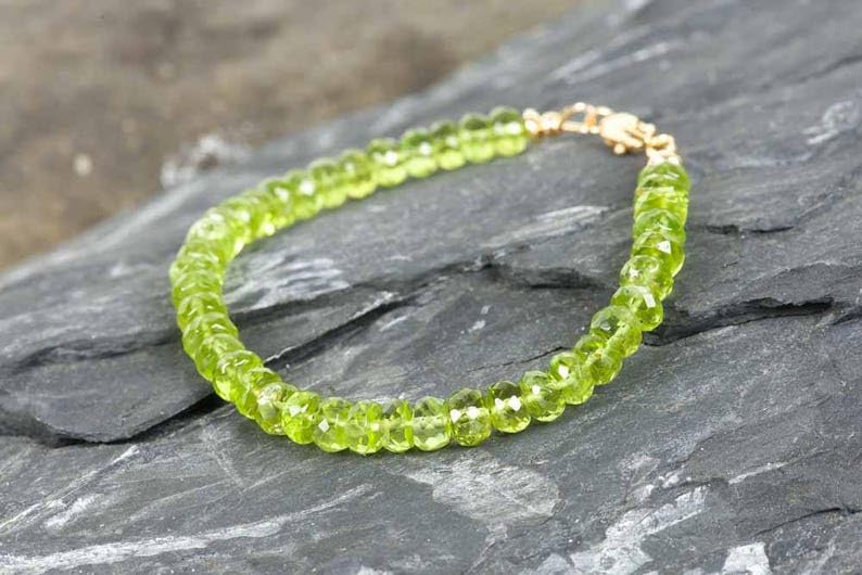 LKBEADS Peridot Bracelet rondelle faceted 7inch Sterling Silver Stacking Beaded Bracelet, Simple Layering, Dainty Gemstone Bracelet, Fine Jewelry, Minimalist,