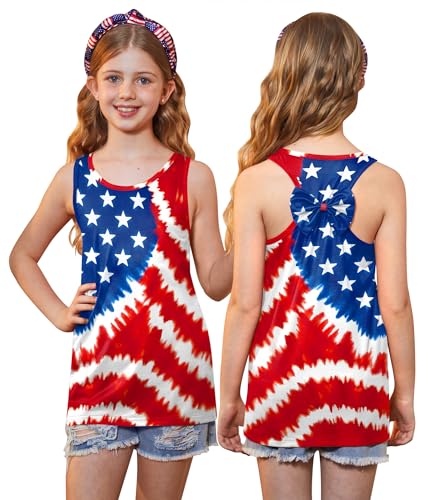Image of 4th of July Girls Flag Tank Top Back Bow Sleeveless Patriotic Holidays T-Shirt 4-14 Years