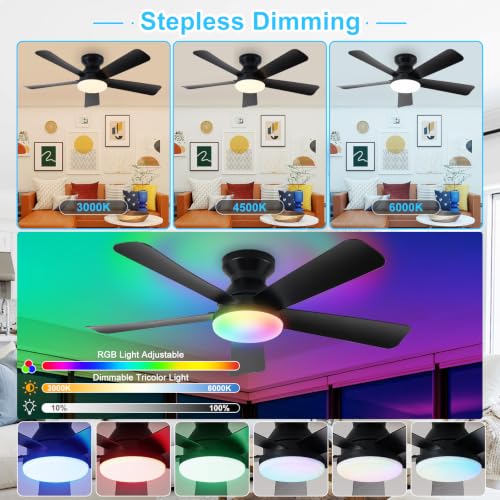 Image of Depuley Ceiling Fan with RGB Light: 42-Inch Black Small Fans for Bedroom Indoor Outdoor - Dimmable Low Profile Ceiling Fans with Remote Control Flush Mount 5 Reversible Black Blades 6 Speeds Timer