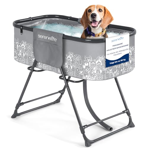 SereneLife Hundebadewanne, Faltbare & Erhöhte Haustierbadewanne mit Abfluss & 3-Punkt-Gurt, Für kleine bis Mittelgroße Hunde & Katzen, Bis 59 kg, für Pflege & Baden
