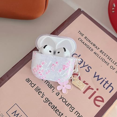 Image of MINSCOSE for Girly Glitter AirPods 4 Clear Case,Cute Shell Pattern Flower Design with Trendy Floral Keychain,Soft TPU Protective Cover with Cleaner Kit for AirPods 4th Generation-Pink