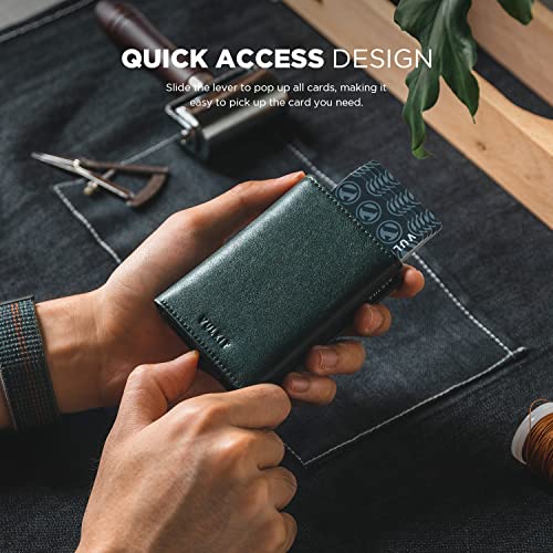 Image of VULKIT Credit Card Holder with Banknote Compartment RFID Blocking Pop up Leather Card Wallet with ID Window, Green, Minimalist