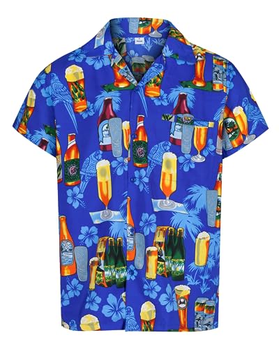REDSTAR Mens Hawaiian Shirt Short Sleeve STAG Beach Holiday Beer Bottle Design Fancy Dress Hawaii (XXL Blue)