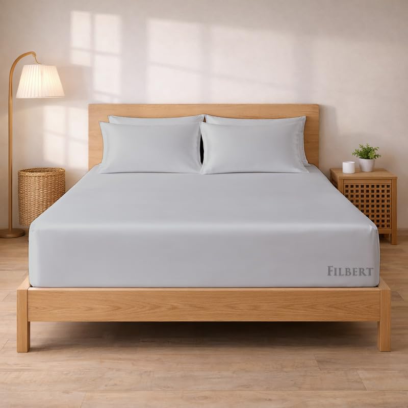 Image of Filbert - Premium Satin Fitted Bedsheet Single Bed (36x75 Inch) with 1 Pillow Cover | Hypoallergenic Breathable | Hair and Skin Friendly, Women Gift Choice|Silver Grey