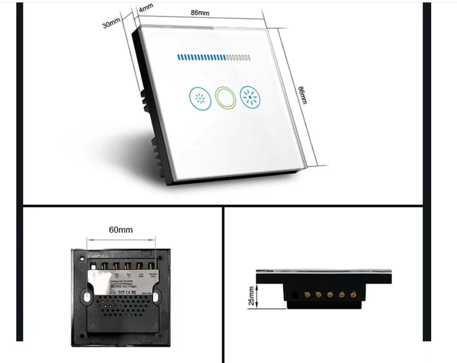 Estándar del Reino Unido 600 W luz LED atenuador interruptor impermeable cristal templado panel 1way luz táctil interruptor regulador