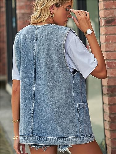Image of PAODIKUAI Women's Oversized Denim Vest - Sleeveless Distressed Jean Vest with Pockets for Casual Layering