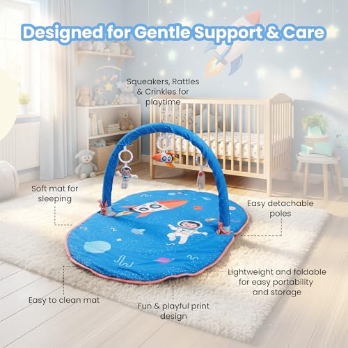 Image of Space Cubs Baby Play Gym & Activity Mat for Newborns | Tummy Time Play Mat with Hanging Sensory Toys, Mirror & Rattles Playgym for Infants