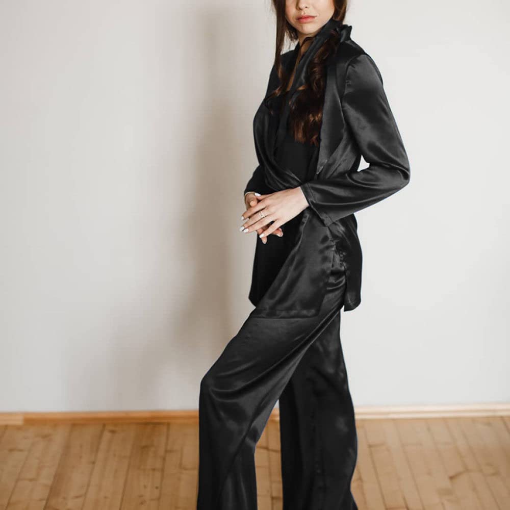 Ensembles De Pyjama Femme,Chemise De Nuit Noire Demoiselle d'honneur À Manches Longues Ensemble De Vêtements De Nuit Femmes Pyjama Deux Pièces Personnalité Douce Sexy Décontracté Loungewear Fe