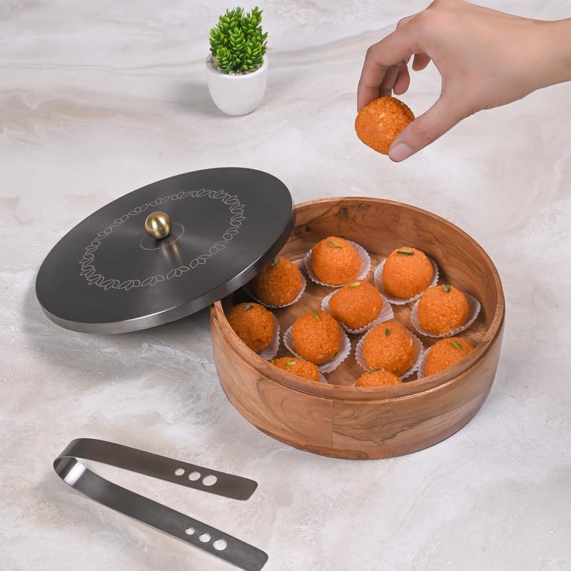 Image of Wooden Chapati Box for Kitchen - Casserole for Roti with Stainless Steel Brass Lid | Wooden Chapati Box with 1 Tong | Traditional Kitchen Organizer - GunMetal (Lotus Bloom Laser Etching)