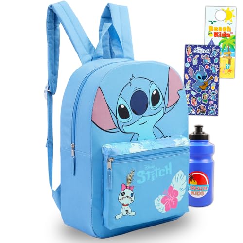 Disney Conjunto de mochila Stitch – Pacote com bolsa escolar de 41 cm, garrafa de água, adesivos, mais | Mochila escolar Stitch and Scrump para crianças, meninas