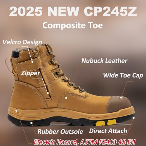 Image of Roslyn Composite Toe Side Zip Work Boots for Men, 7'' Lightweight Comp Toe Cap YKK Zipper Non-slip Rubber ASTM F2413-18 EH Safety Boot, Comfortable Wide Ankle Support Boots (CP232Z-245Z)