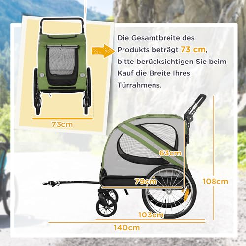 PawHut 2-in-1 Hundeanhänger & Hundebuggy, Hundefahrradanhänger Fahrradanhänger, Hundewagen mit Reflektoren für Mittelgroße Hunde bis 20 kg, Oxford-Gewebe, Grün