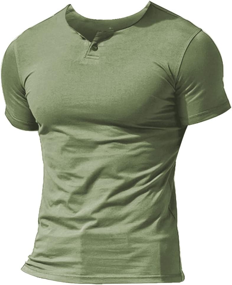Mens Summer Casual Short Sleeve Henleys T-Shirt Single Button Placket Plain v Neck Shirts