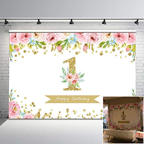 Mehofoto 1st Birthday Floral Backdrop Watercolor Flower Birthday Photography Backdrop 7x5ft Glitter Dots