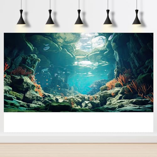Image of Aquarium Background Ocean Floor Fish Tank Background Underwater Coral Reef Stone Aquarium Backdrop Under Water Seaweed Background Cave Sunlight Backdrop Decoration Backdrops Vinyl 24x12in