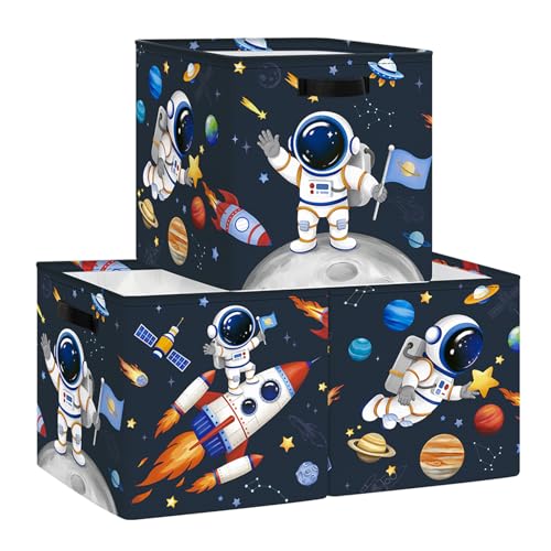HUUMONSS 30cm Juego de 3 Cajas de Almacenamiento Cósmico Organizadoras de Almacenaje Juguetes Astronauta Cohete Solar Plegables Cestas Almacenaje Niños Libro Ropa para Estantes Armario, Planeta