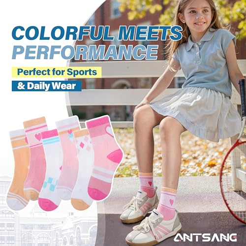 Image of ANTSANG Kids Boys Girls Athletic Cotton Socks,6 Pairs Youth Teen Crew Socks | Breathable, High Elasticity, Durable, Soft Touching
