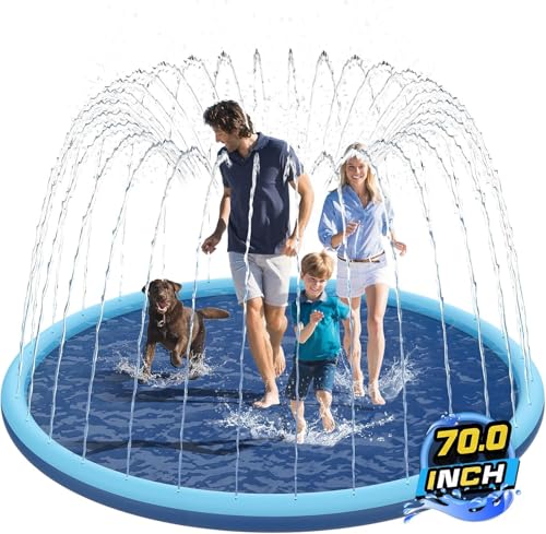 Non-Slip Splash Pad for Kids and Dog, 70" Extra Large Baby Play Mat, Dog Pool Toys, Thicken Sprinkler Pool Summer Outdoor Water Toys for Ages 3-12 Boys Girls, Parent-Kids &Games Fun Backyard (Blue)