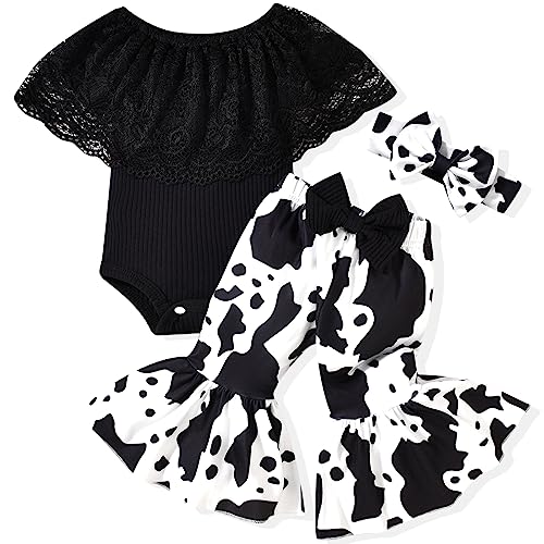 Image of HINTINA Newborn Baby Girl Short Sleeve Bodysuit Flared Pants Ribbed Outfits