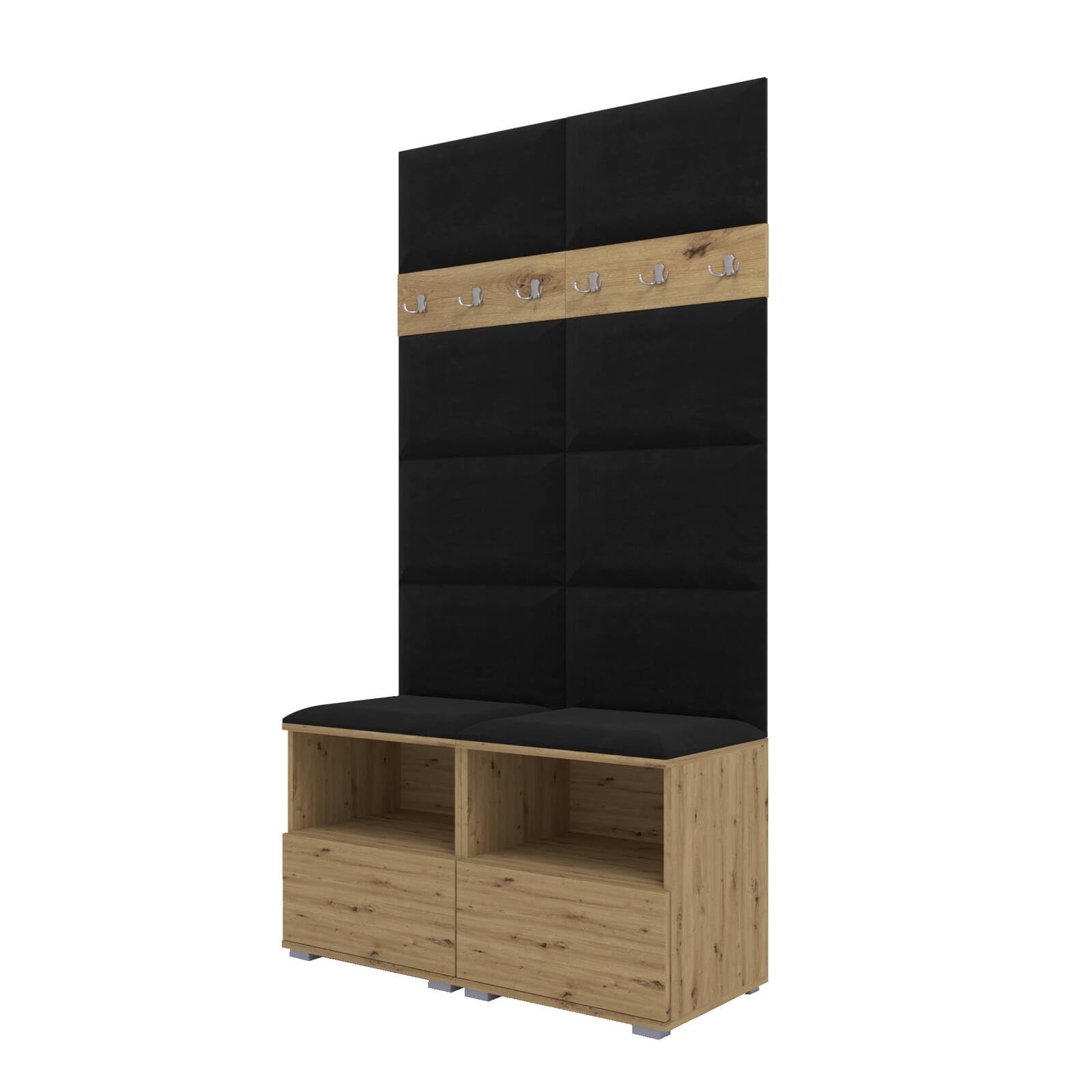 RAVIO Garderoben-Set NELA III Gepolstertes Paneel Wandpaneel 100cm Flurgarderobe Kompaktgarderobe Artisan Eiche Schwarz