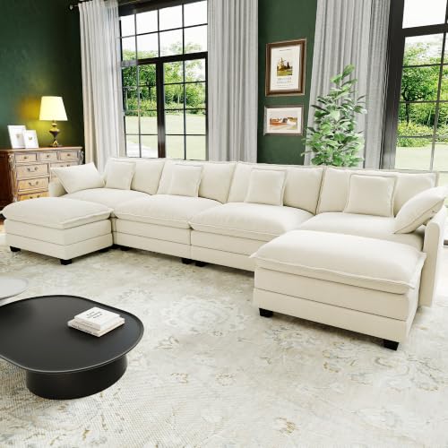 Image of Hanherry 146 inch Cloud Couch Sectional Modular Sofa, Deep Seat Couches with Ottoman and Removable Washable Pillows for Living Room, Bedroom, Apartment, Beige