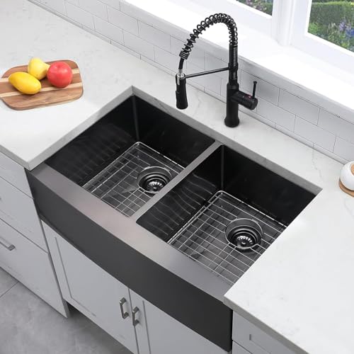 Image of SHACO 33 Inch Black Double Bowl Divided 50 /50 Farmhouse Sink, 33x21 Gunmetal Black Stainless Steel Undermount Apron Front Farm Kitchen Sink