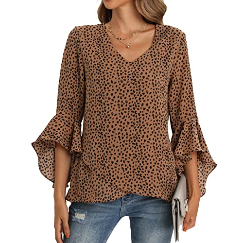 Womens Summer Chiffon Blouses Floral Print V-Neck Bell Sleeve Tops Dressy Casual T-Shirts Fashion