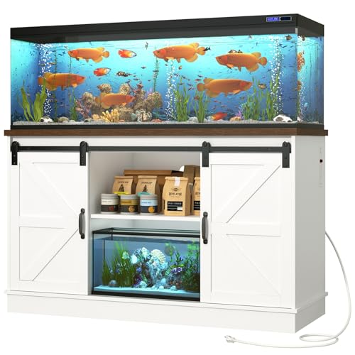 Hlivelood Farmhouse 55-75 Gallon Fish Tank Stand with Power Outlet, Aquarium Stand w/Cabinet&Sliding Barn Door, Heavy Duty Reptile Tank Stand for Fish/Turtle/Reptile Terrarium, 1000LB Capacity, White