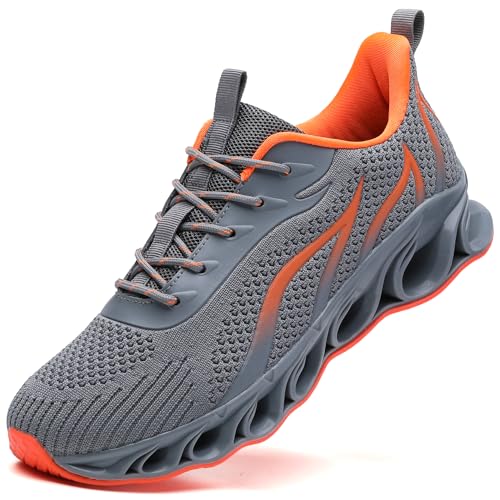wanhee Running Shoes for Men Sneakers Grey Orange Size 11.5 Athletic Jogging Tennis Walking Shoes Breathable Fashion Gym Runner Trail Workout Shoes