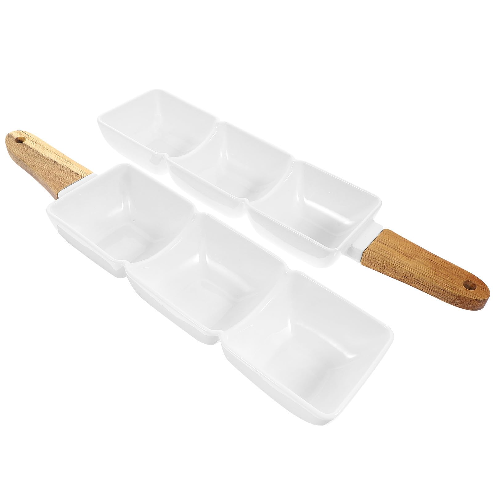 Cuenco de Cerámica Blanco de Triple Compartimento 2 Piezas | Formato Cuadrado, Ligero y Portátil, para Aperitivos, Postres y Ensaladas en Hogar u Hotel