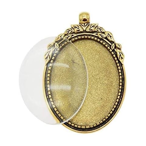 Julie Wang 10 Sets Oval Antiqued Gold Photo Setting Bezel Tray Pendant Blank with Glass Cabochons for Necklace Pendant Jewelry Making Crafts DIY Cover