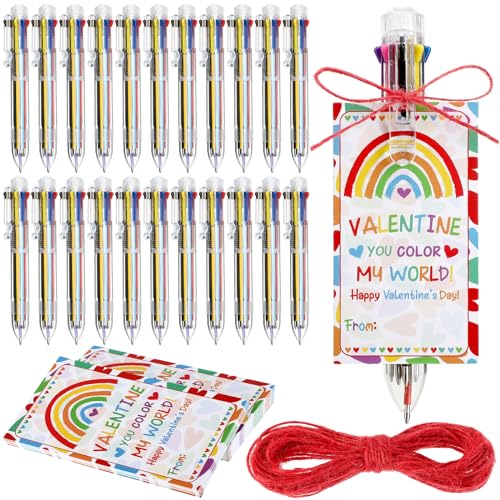 Harloon 36 Pcs Valentine's Day 0.7 mm 8 in 1 Multicolor Ballpoint Pen 8 Colors Retractable Ballpoint Rainbow Pens with Valentine's Day Card for Teacher Kids Office School Party Favors Exchange Gifts