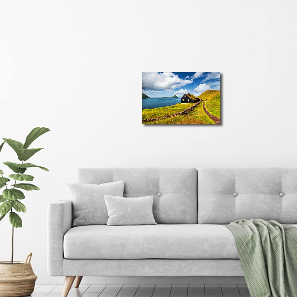 Framed Wall Art Canvas Living Room Decor Streymoy Island Faroe Denmark Velbastadur Village Typical Grass Roof House Bedroom Bathroom Wall Décor Scenery Decor 8x12inch - Image 3