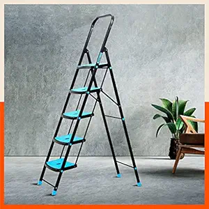 Bathla Boost Rhino 5-Step Foldable Steel Ladder for Home with Anti-Slip Steps (Black + Blue)