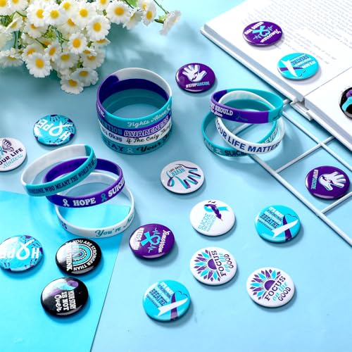 Remuuly 200 Pcs Suicide Prevention Awareness Accessories Set Include 100 Prevention Awareness Silicone Bracelet 100 Inspirational Pin for Teal and Purple Ribbon Week Mental Health Charity Supplies4