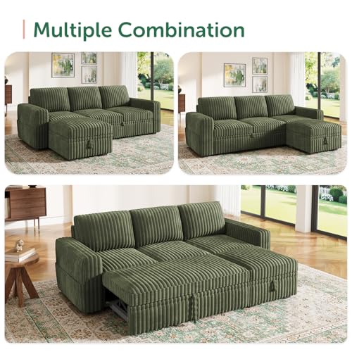 Image of HONBAY Modular Sectional Sofa with Pull Out Bed,Corduroy L Shaped Sleeper Sofa with Storage, Sectional Couches for Living Room,Green