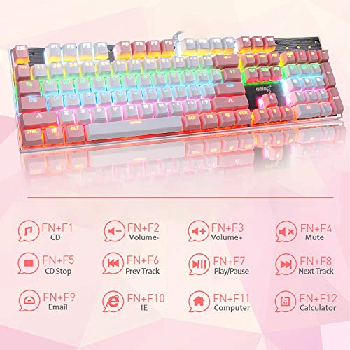 Tastiera meccanica di gioco cablata Switch blu 104 tasti LED RGB 9 Modalità di retroilluminazione Pannello metallico anti-ghosting Layout ergonomico di chiavi USB per giocatori For game Typist (Rosa)