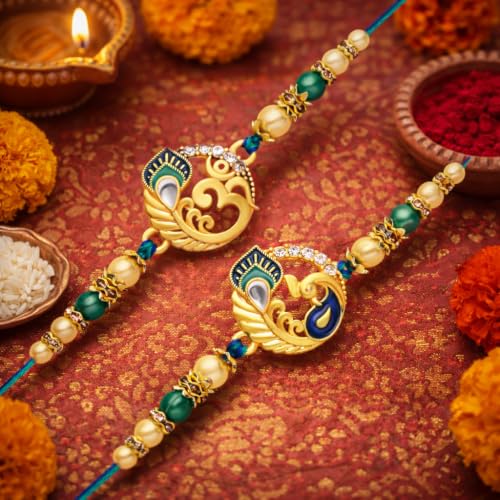 Image of Riddhika Ventures Glorious Gold Plated Auspicious Diamond Ring Rakhi || Traditional Rakhi Set of 2 & Festive Gift || Rakhi Gift Combo for Brother