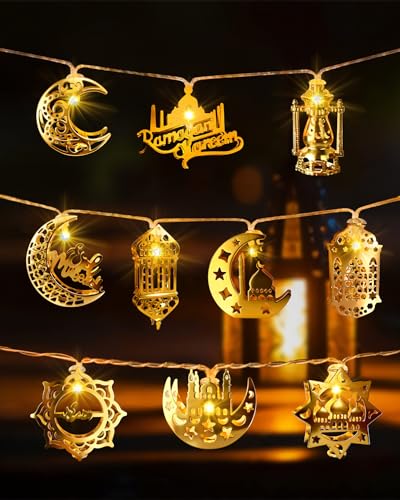 KISPATTI Ramadan Eid Mubarak Lights Ramadan Decorations for Home 10 LEDs Eid Mubarak String Lights Moon Star Lantern Eid Mubarak Decoration for Wall Tree Hanging Indoor Outdoor Decor