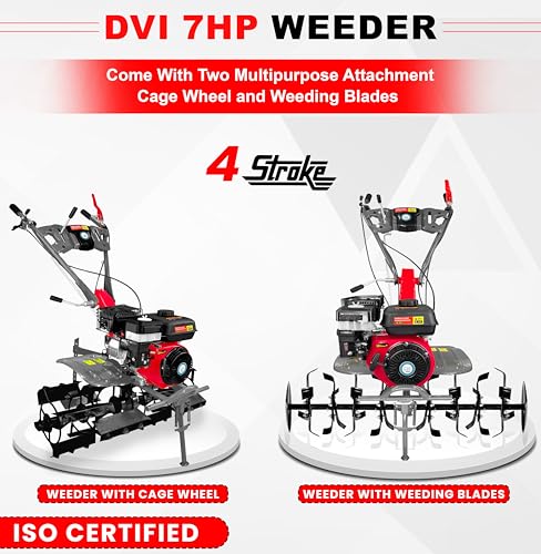 Image of DVI 7HP 4 Stroke Power Weeder with AIR Cooled Petrol Engine Suitable for Farm & Agriculture | Used for Weeding in All Types of Crops with High Carbon Metal Blades. (with CAGE Wheel Attachment)