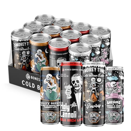 Bones Coffee Company Variety Pack Flavored Coffee, Smores, Salted Caramel Mocha, Cannoli and Cookies N Cream Ready To Drink Latte Coffee in Can | Variety Flavors in Cans | 11 Fl Oz Can (12 Pack)