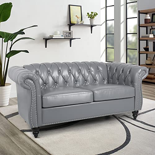 Image of LEVNARY Leather Sofa, Chesterfield Tufted Upholstered 2 Seater Couch, Modern Loveseat Couch Classic Furniture for Living Room Bedroom (Gray)