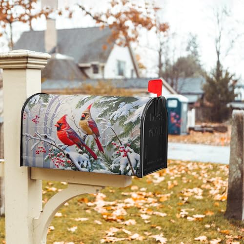 Image of Winter Cardinal Mailbox Covers Magnetic Standard Size 21 inchx18 inch Christmas Mail box Cove Decoration Red Birds Magnetic Mailbox Wraps Post Holly Berry Letter Box Cover for Home Garden Outdoor Yard