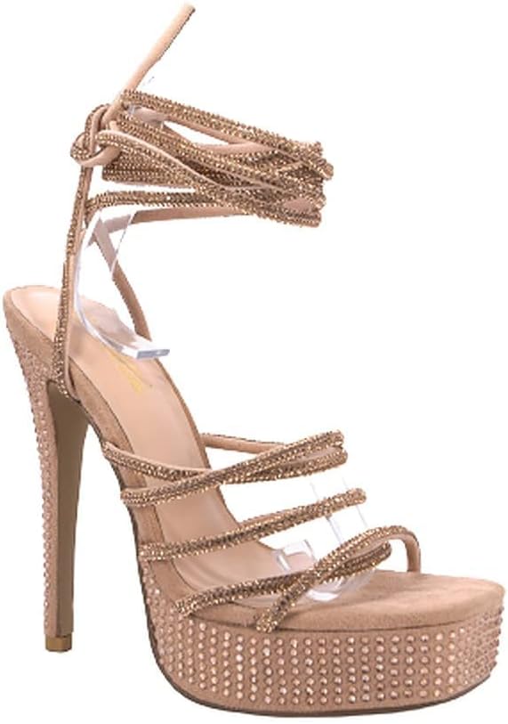 Women's Lace Up Platform Heels Rhinestone Stiletto High Heel Sandals MATA GETTING HOTTER ROSE GOLD 10