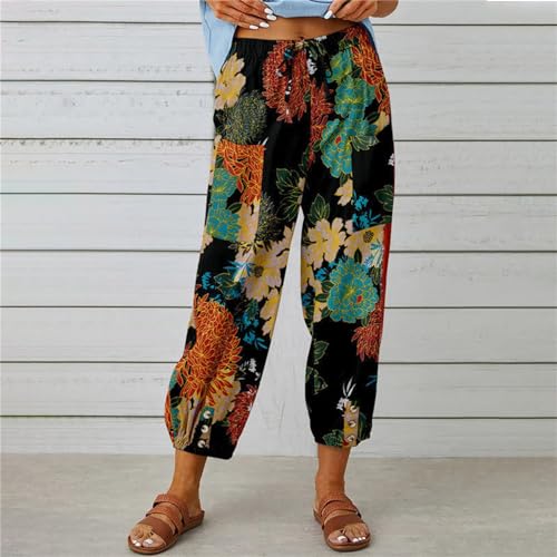 Women's Casual Capri Wide Leg Pants Floral Print Baggy Harem Pant with Pockets2