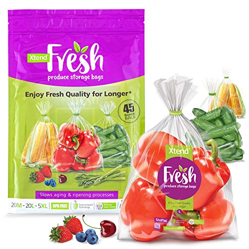 45!! Reusable Fresh Produce Bags for Fridge Storage (20M, 20L, 5XL) , BPA Free, Store Vegetables, Fruits, and Herbs, Retains Freshness and Extends Shelf Life, by Xtend
